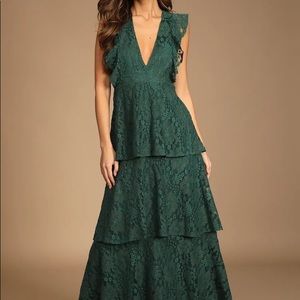NWT Molinetto Forest Green Lace Ruffled Tiered Sleeveless Maxi Dress